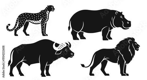 African Wild Animals Silhouettes Set: Cheetah, Hippopotamus, Buffalo, and Lion Icons