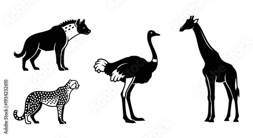African Wild Animals Silhouettes Set: Hyena, Cheetah, Ostrich, and Giraffe