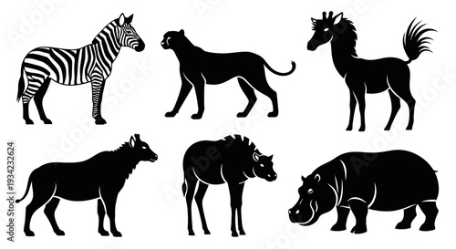 African Wild Animals Silhouettes Set: Zebra, Lion, Hippo, Wildebeest, and Wild Equine Icons