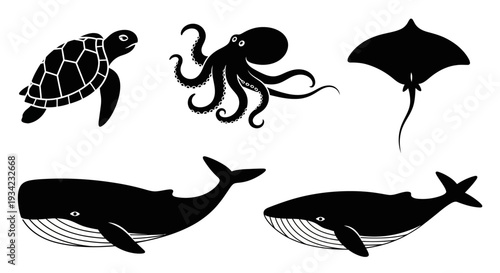 Ocean animal silhouettes collection: turtle, octopus, manta ray, and whales