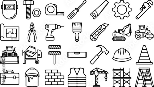 Construction Tools Icon Set: A comprehensive collection of construction tools, perfectly illustrating various instruments necessary for building and craftsmanship, presented in a clean.