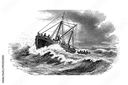 Dramatic ocean storm with vintage engraving of a fishing boat battling waves