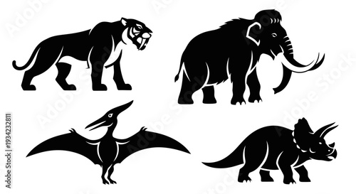 Prehistoric Animal Silhouettes Set: Extinct Creatures Vector Illustration