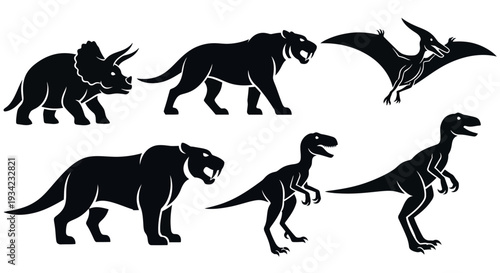Prehistoric Animal Silhouettes Set: Dinosaurs, Sabre-tooth Tigers, and Pterodactyls