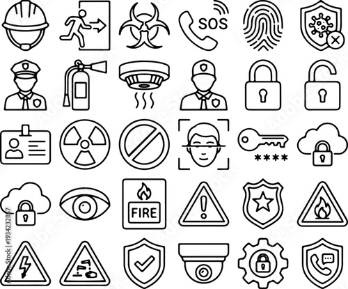 Safety and Security Icon Set: A comprehensive collection of safety and security icons, each meticulously crafted to convey essential protective measures and precautions.