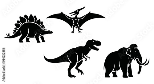 Prehistoric Animals Silhouettes: Dinosaur and Mammoth Collection on White Background