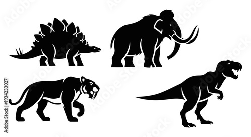 Prehistoric Animals Silhouettes Set: Dinosaurs and Extinct Mammals Vector Collection