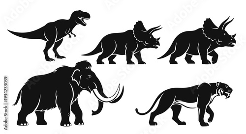 Prehistoric Animals Silhouettes Set: Dinosaurs and Ice Age Mammals Vector Collection