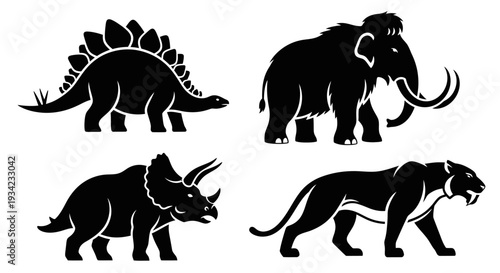 Prehistoric Animals Silhouettes Set: Dinosaurs and Ice Age Mammals