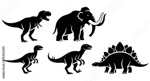 Prehistoric Animals Silhouettes Set: Dinosaurs and Mammoth Black Vector Icons