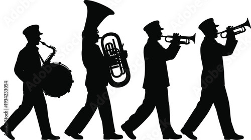 Marching Band Silhouette Vector Illustration with Musicians Playing Drum, Tuba, and Trumpet in Parade Performance Isolated on Light Background