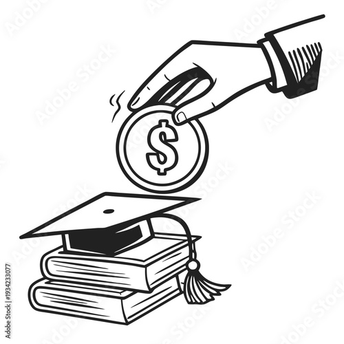 Hand dropping dollar coin onto books with graduation cap representing education funding