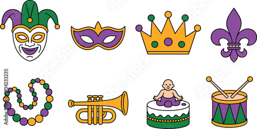 Mardi Gras Carnival Icons Set with Mask, Crown, Fleur-de-Lis, Beads, Trumpet, Drum, and King Cake Baby in Purple, Green, and Gold Vector Illustration