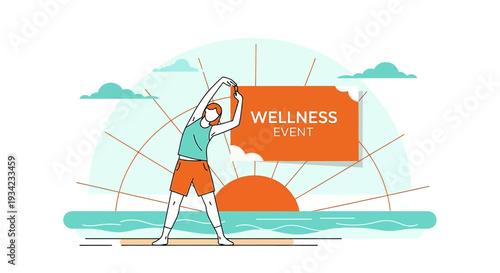 Wellness Event: Person Stretching Outdoors Near Ocean at Sunrise
