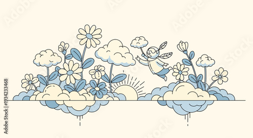 Whimsical Angel Flying Amongst Clouds and Flowers