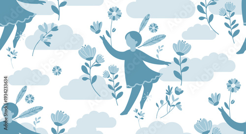 Whimsical Fairy Dancing Among Flowers and Clouds, Seamless Pattern