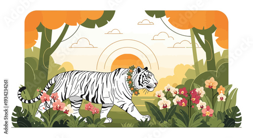 White Tiger Walking in Tropical Jungle with Flowers and Sunset
