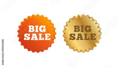 Serrated circular labels in orange and gold featuring bold Big Sale text for promotional discount and retail marketing campaigns.