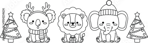 Cute Winter Animal Coloring Page with Koala, Lion and Elephant in Hats and Scarves for Kids Holiday Activity Sheet