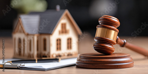 A judge's gavel rests on a sound block with a miniature house and clipboard in the background, symbolizing real estate law or property auction.