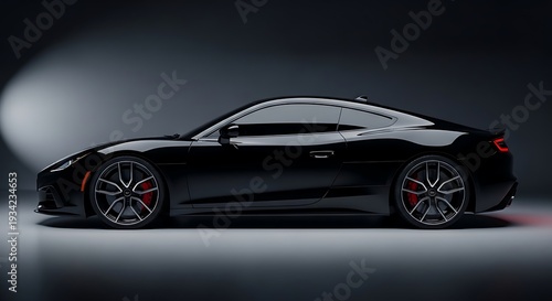 Sleek black sports car with red brake calipers on studio gray background with dramatic lighting