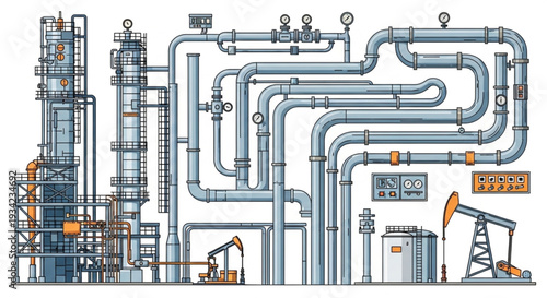 Industrial Oil Refinery Plant with Complex Piping System.