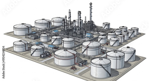 Industrial Oil Refinery Plant with Storage Tanks and Towers.