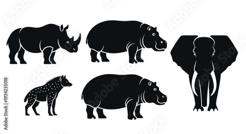 African Wildlife Silhouettes Collection - Rhino, Hippo, Elephant, Hyena