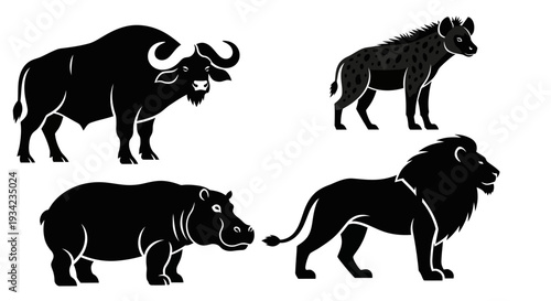 African Wildlife Silhouettes Collection: Buffalo, Hyena, Hippo, and Lion Vector Set