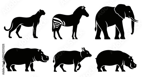 African Wildlife Silhouettes Collection: Cheetah, Zebra, Elephant, Hippo, and Antelope