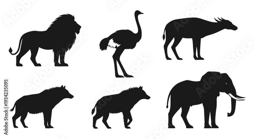 African Wildlife Silhouettes Collection: Lion, Ostrich, Elephant, Antelope, and Hyena