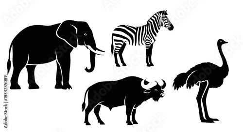 African Wildlife Silhouettes: Elephant, Zebra, Buffalo, Ostrich Vector Set