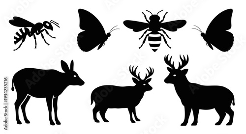 Animal and Insect Silhouettes Collection: Deer, Bee, Wasp, and Butterfly Wildlife Icons