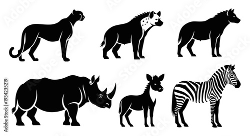 African Wildlife Silhouettes Vector Set - Panther, Hyena, Rhino, Zebra, Aardwolf Icons