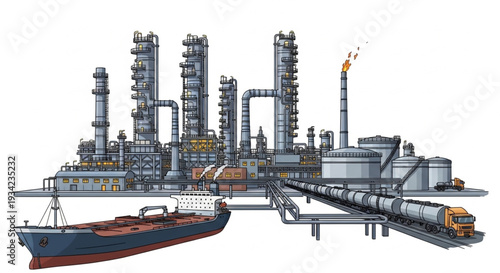 Industrial Oil Refinery with Tanker and Train.