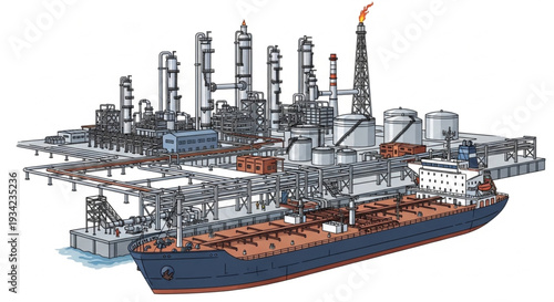 Industrial Oil Refinery with Cargo Ship.