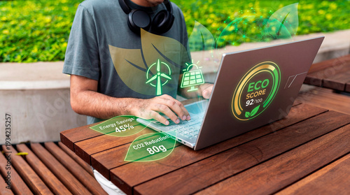Eco driven man monitoring sustainable energy impact data