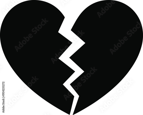 Broken heart icon silhouette, love breakup symbol, emotional pain concept, relationship separation sign, black minimalist vector illustration isolated design
