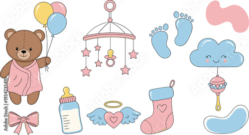 Cute Baby Shower Clipart Set with Teddy Bear, Balloons, Bottle, Footprints, Cloud and Nursery Elements for Invitation and Card Design