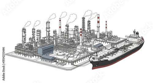 Industrial Oil Refinery with Tanker Ship.