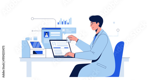 Doctor Analyzing Medical Data on Laptop in Modern Laboratory