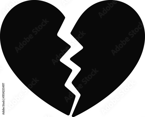 Broken heart icon silhouette, love breakup symbol, emotional pain concept, relationship separation sign, black minimalist vector illustration isolated design