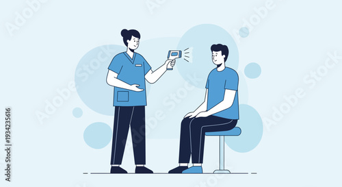 Nurse checks patient's temperature with infrared thermometer, medical concept.