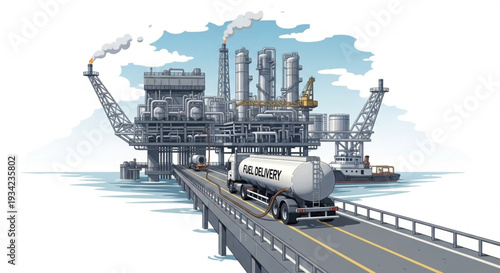 Industrial Oil Refinery with Tanker Truck.
