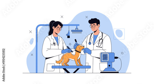 Veterinarians Examining Cat in Medical Examination Room, Pet Care Illustration