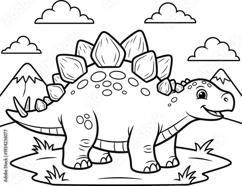 Stegosaurus dinosaur in a prehistoric landscape coloring page