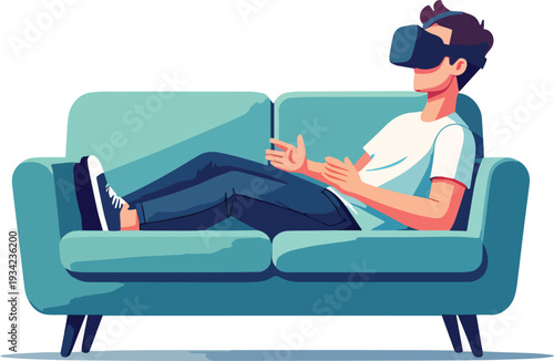 ragazzo con visore VR con vestiti multicolori, sdraiato sopra il divano di casa ufficio  vettoriale