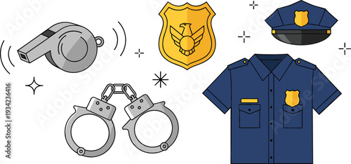 Police Officer Equipment Icon Set with Badge, Uniform, Cap, Whistle and Handcuffs for Law Enforcement, Security and Public Safety Designs