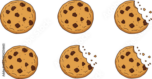 Chocolate Chip Cookie Set with Whole and Bitten Biscuits Isolated on White Background for Bakery, Snack Packaging, Menu and Food Design