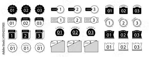 モノクロ黒白のバッジ・パーツ・ラベル・リボン見出しアイコンセット｜LPやWeb・UIデザインの強調表示・ステップ解説用ベクター素材集